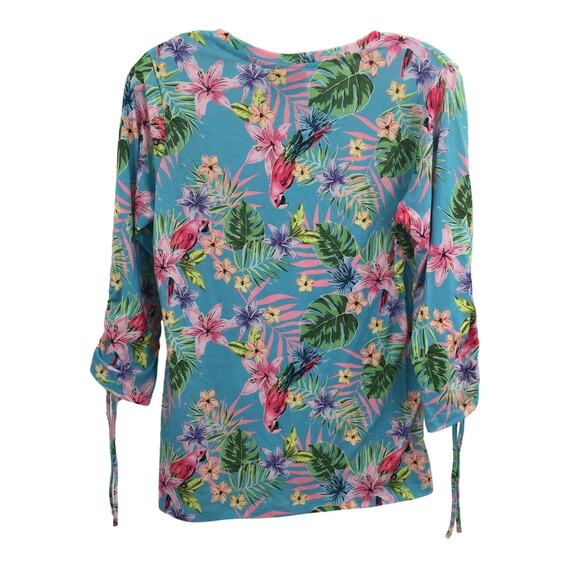 Caribbean Joe Tropical Pullover Top 3/4 Sleeve Crew Parrot floral Small SPRING - Picture 2 of 6